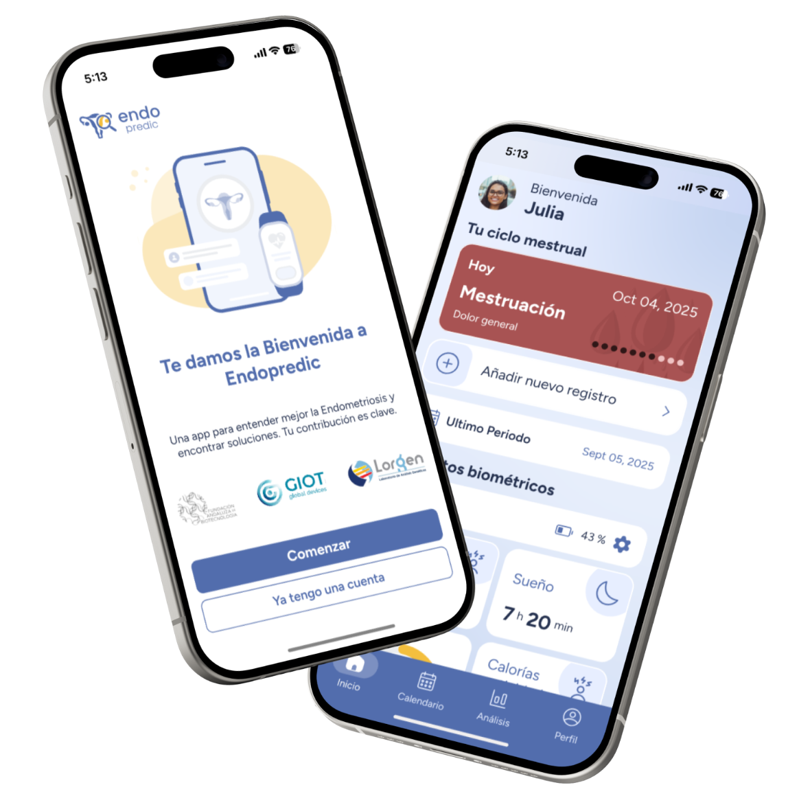 Interfaz de la app EndoPredic mostrando gráficas de seguimiento de síntomas